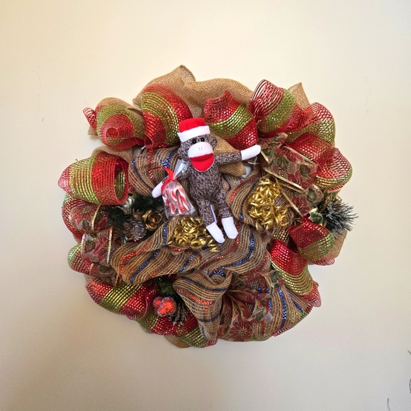 Handcrafted Burlap & Mesh Sock Monkey 24" Christmas Wreath - Picture 6 of 13